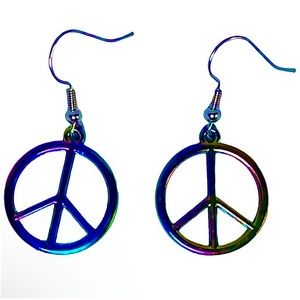 Peace sign iridescent rainbow shiny dangly earrings NEW